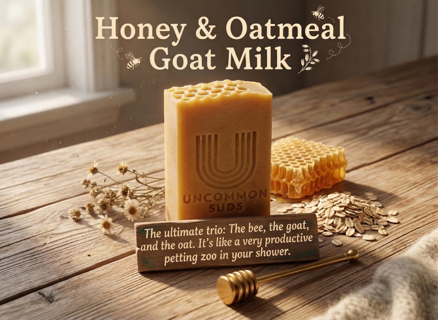 Honey and Oatmeal Goat Milk Soap bar for sensitive skin relief.