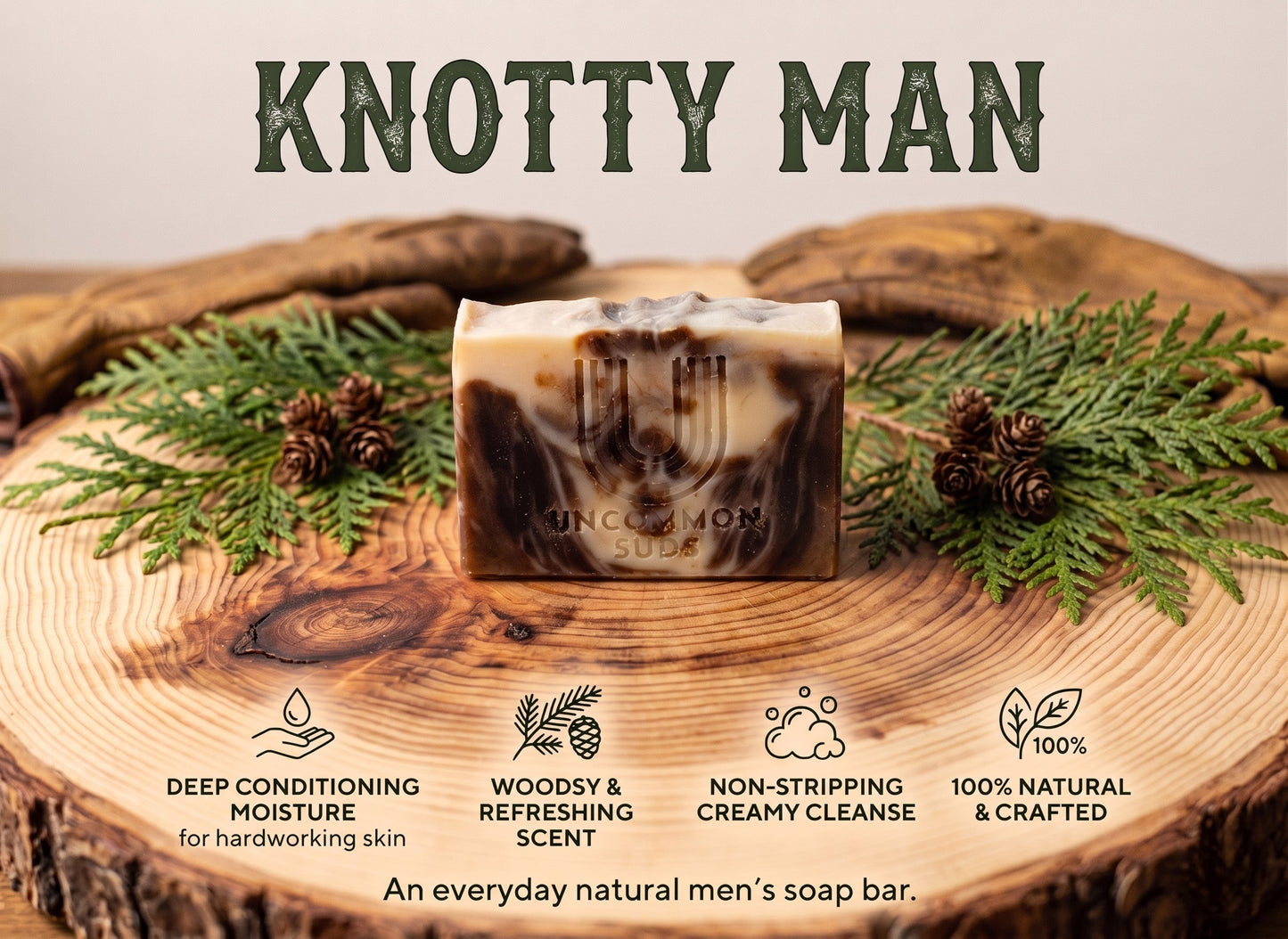 Knotty Man handmade woodsy bar soap with cedarwood and fir needle essential oils.