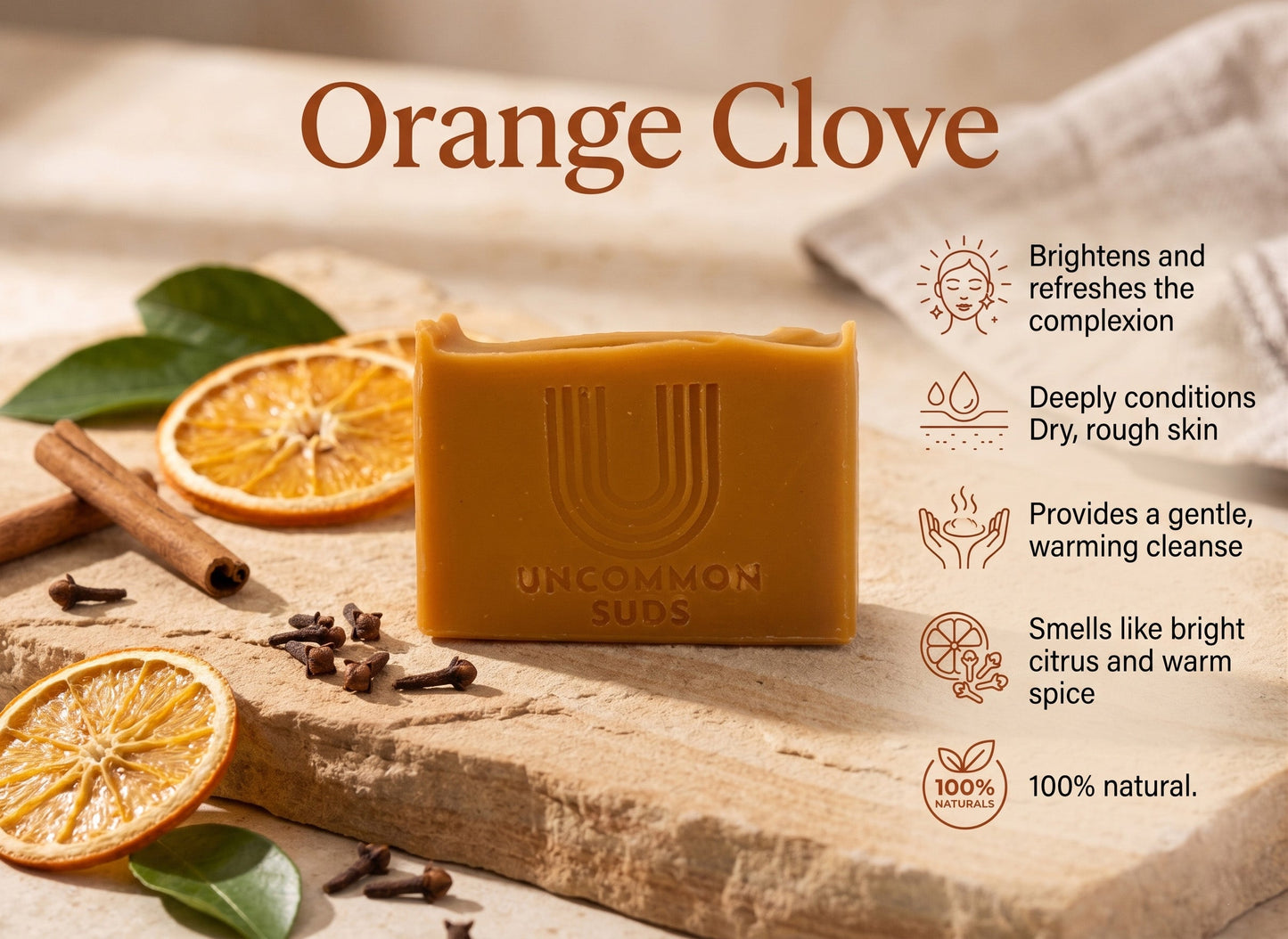 Handmade Orange Clove artisan soap bar with natural lather and essential oils.