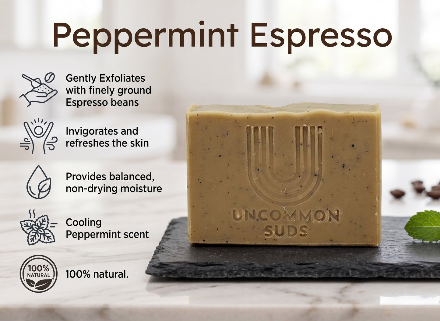 Handmade Peppermint Espresso Soap Bar with real coffee grounds and essential oils.