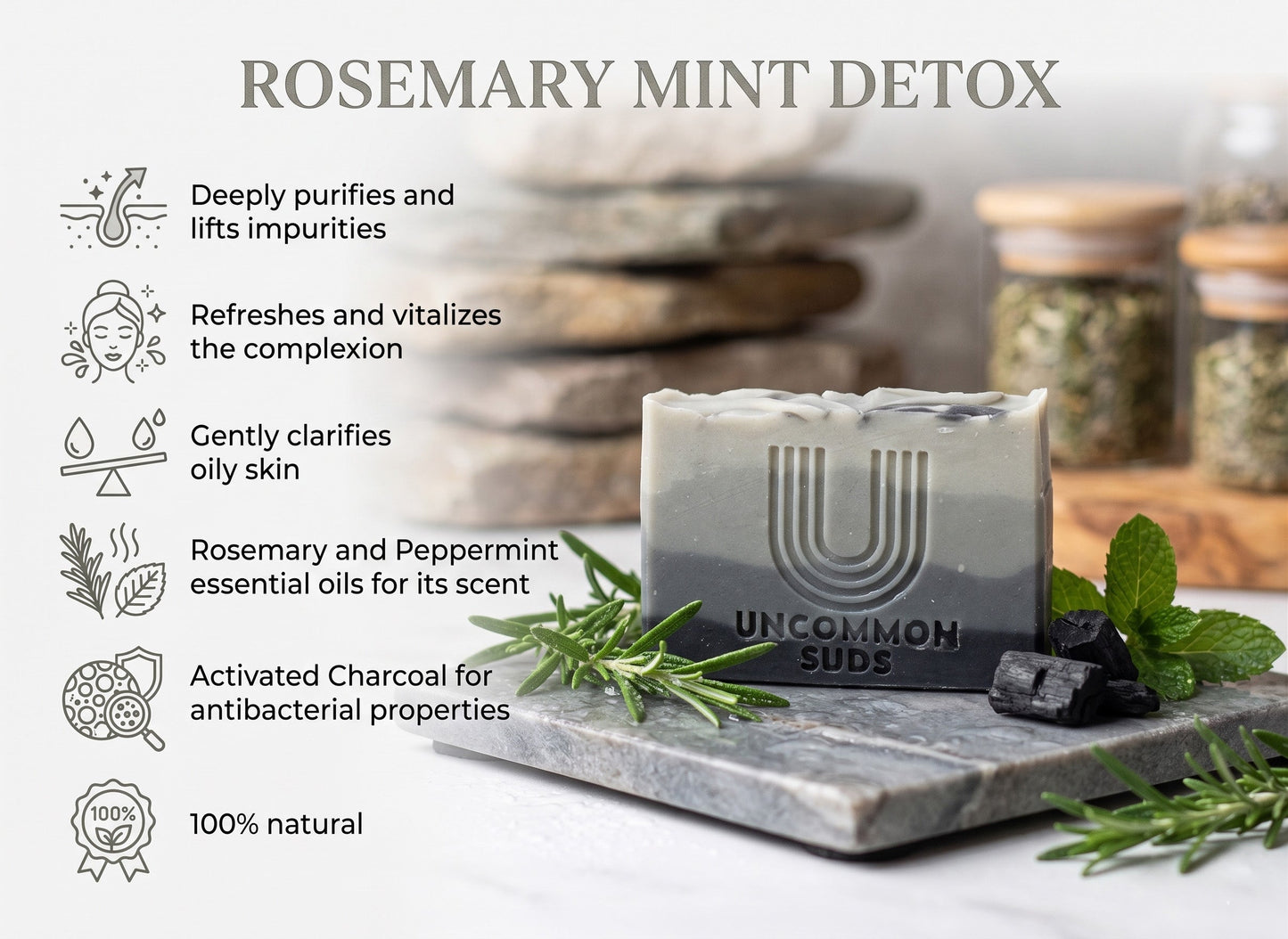 Handmade Rosemary Mint Detox Soap Bar with activated charcoal by Uncommon Suds.