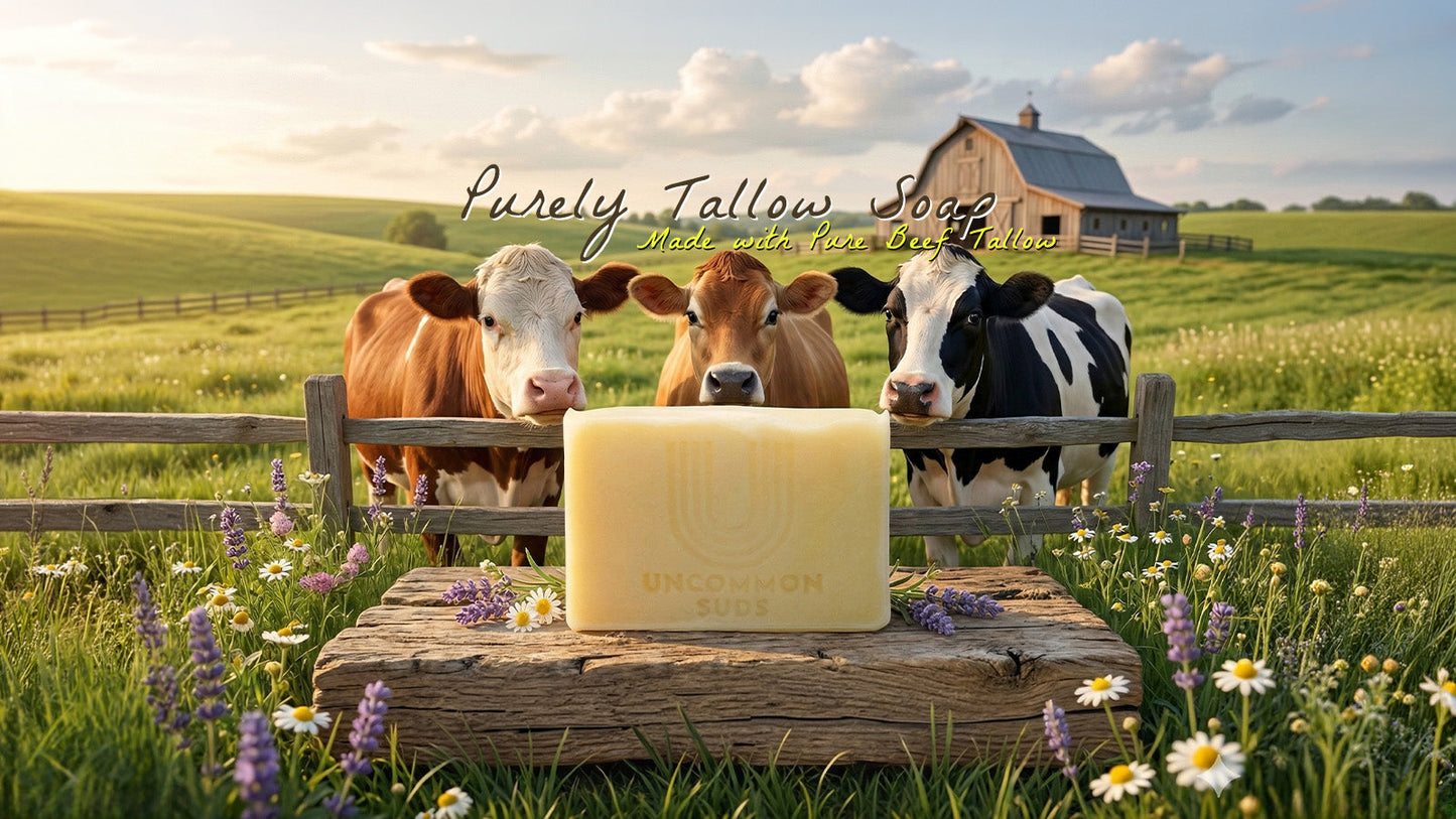 Saponified grass-fed beef tallow, biological match for human sebum, fat-soluble vitamins A D E K for skin, moisture barrier repair, minimalist traditional skincare.