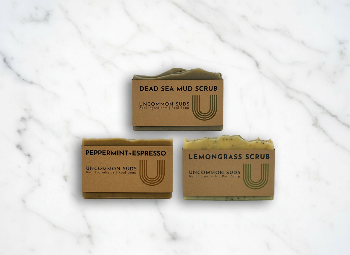 Uncommon Exfoliating Bundle - Dead Sea Mud Scrub Soap Bar - Peppermint Espresso Soap Bar - Lemongrass Scrub Soap Bar