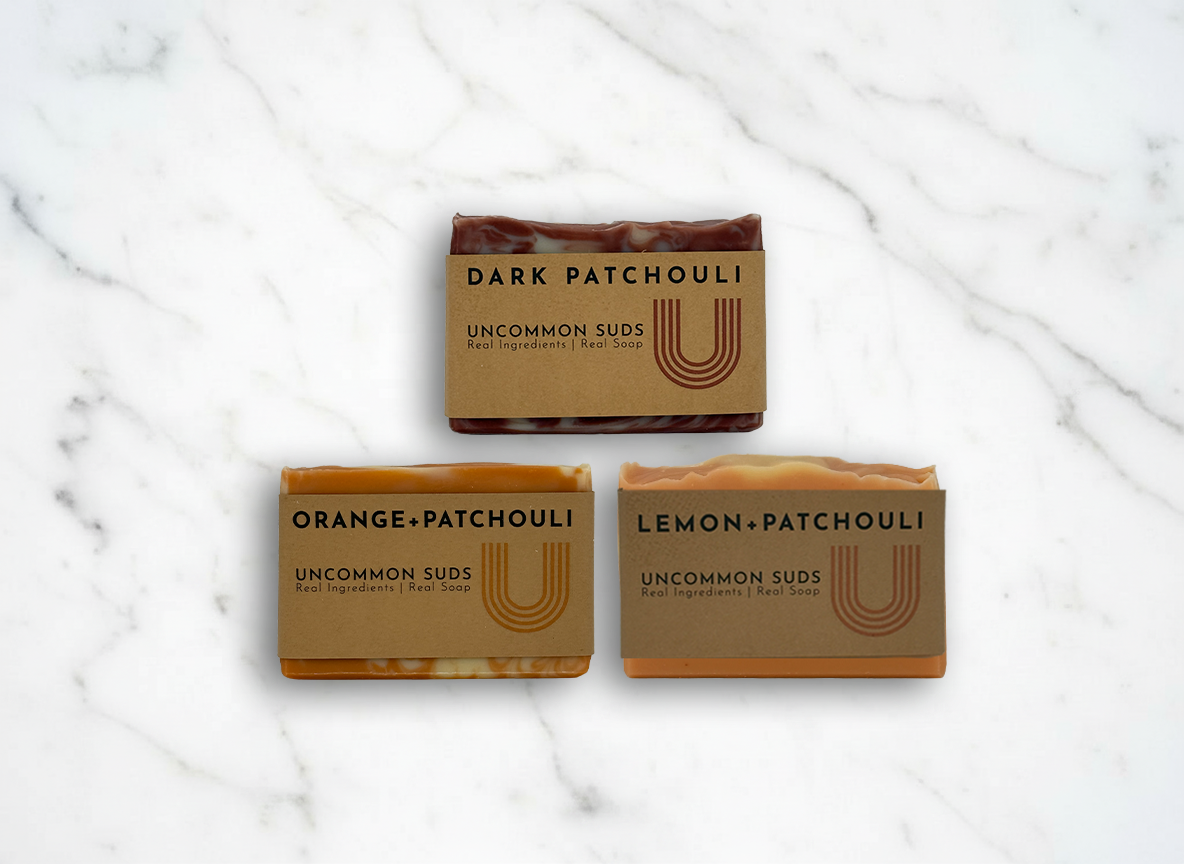 Uncommon Patchouli Bundle -Dark Patchouli Soap Bar - Orange Patchouli Soap Bar - Lemon Patchouli Soap Bar 