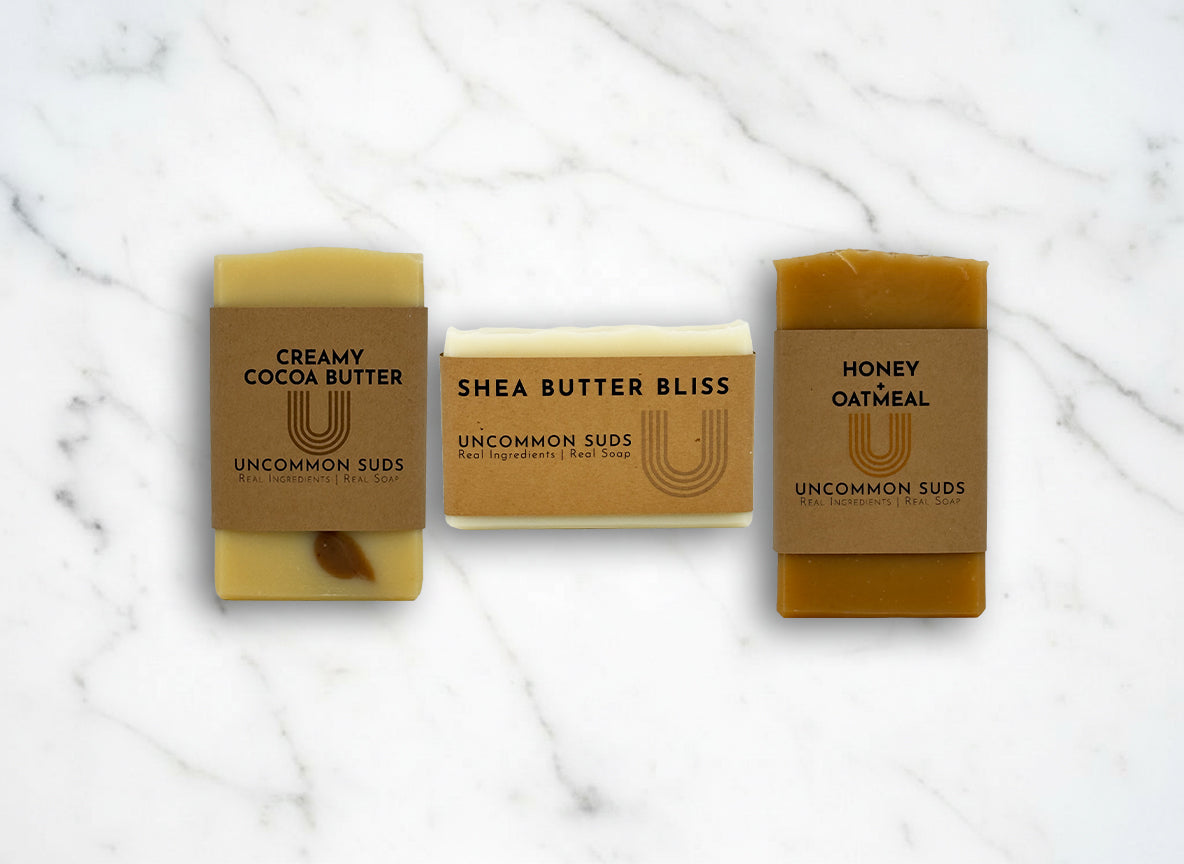 Uncommon Suds Luxe Bundle - Creamy Cocoa Butter Soap Bar - Shea Butter Bliss Soap Bar - Honey Oatmeal Soap Bar