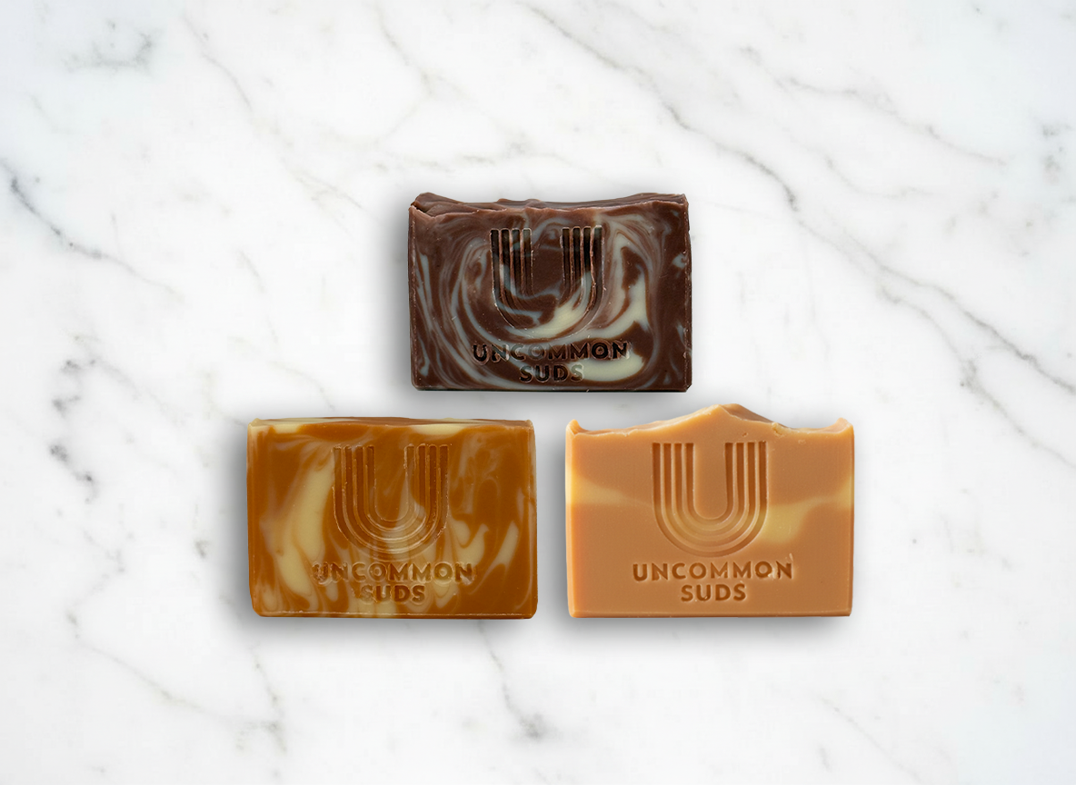 Uncommon Patchouli Bundle Bar View -Dark Patchouli Soap Bar - Orange Patchouli Soap Bar - Lemon Patchouli Soap Bar 
