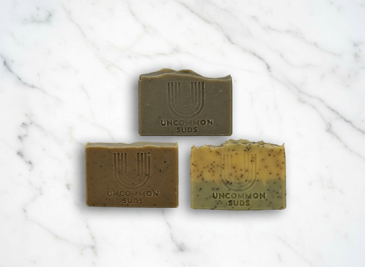 Uncommon Exfoliating Bundle Bar View - Dead Sea Mud Scrub Soap Bar - Peppermint Espresso Soap Bar - Lemongrass Scrub Soap Bar