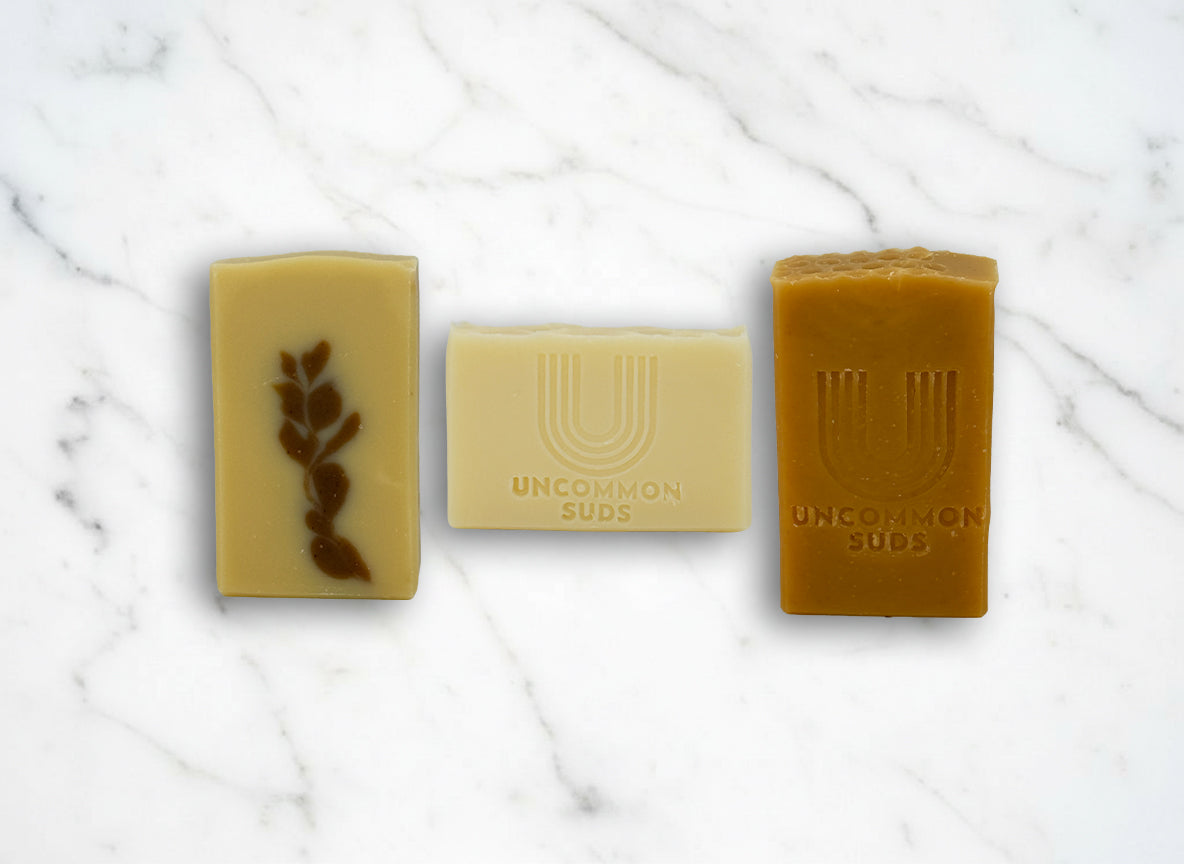 Uncommon Suds Luxe Bundle Bar View - Creamy Cocoa Butter Soap Bar - Shea Butter Bliss Soap Bar - Honey Oatmeal Soap Bar
