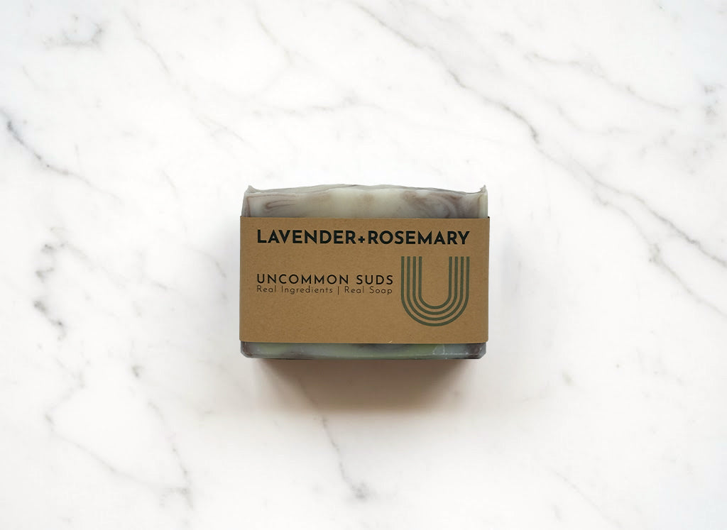 Front of Lavender Rosemary Soap Bar with Uncommon Suds Label