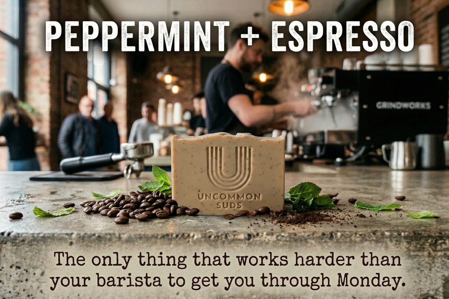 Handmade Peppermint Espresso Soap Bar with real coffee grounds and essential oils.