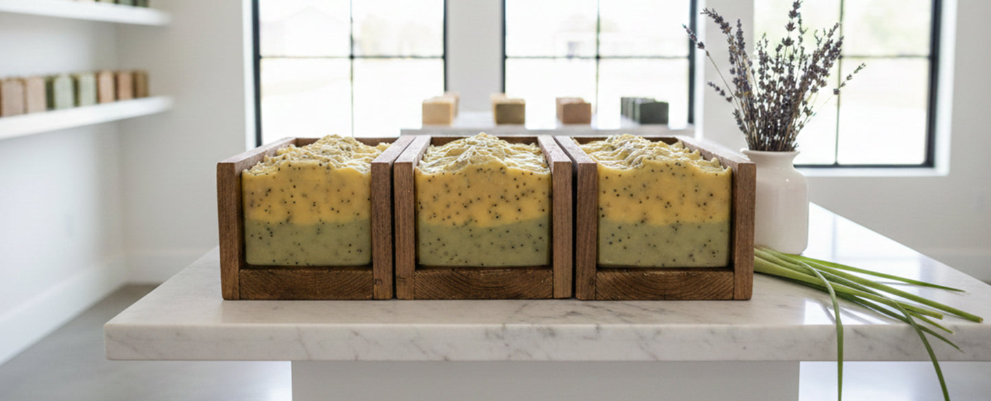 Three wooden boxes containing Uncommon Suds Lemongrass Scrub soap on a marble surface with a window in the background.